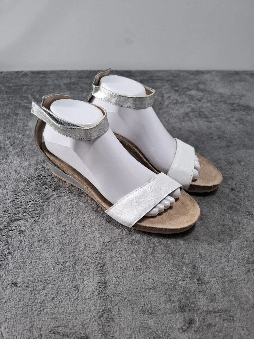 NAOT 5016 Pixie Low Wedge Sandals  White Silver Vintage Slate Leather Sz 40 9